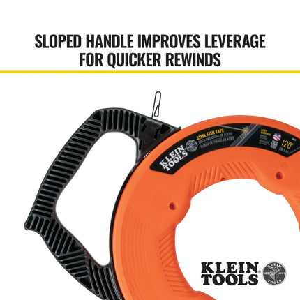 Fish Tape, Steel Wire Puller with Double Loop Tip, Optimized Housing and Handle, 3 mm x 36.6 m, Klein Tools 56333