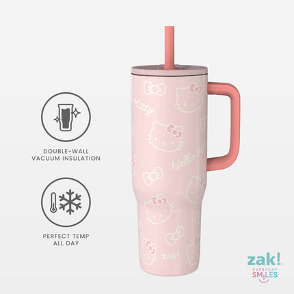 Vaso de viaje Zak Designs Sanrio Sutton para llevar, 30 oz, acero inoxidable con aislamiento al vacío, pajita de silicona y asa de transporte para bebidas frías (Hello Kitty)