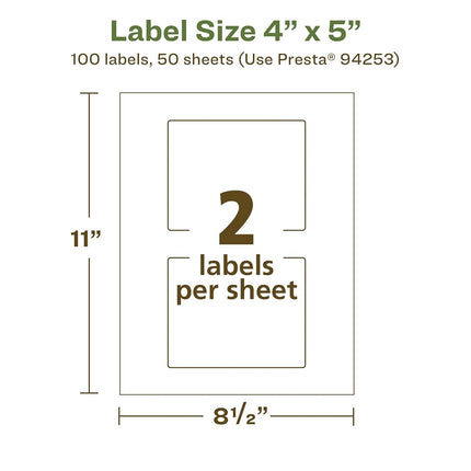 Avery EcoFriendly Matte White Recycled Rectangle Labels, 4" x 5", Print-to-The-Edge, Matte White Labels, Permanent Adhesive, Laser/Inkjet Printable, 100 Total