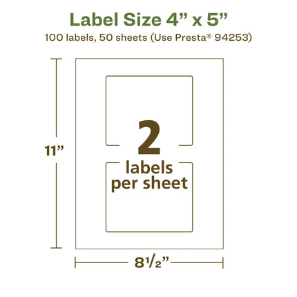Avery EcoFriendly Matte White Recycled Rectangle Labels, 4" x 5", Print-to-The-Edge, Matte White Labels, Permanent Adhesive, Laser/Inkjet Printable, 100 Total
