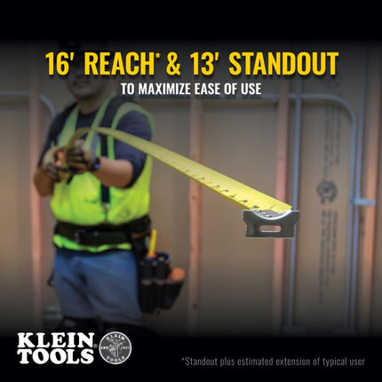 Klein Tools 91616 Tape Measure, Heavy-Duty Measuring Tape with 16-Foot Single-Hook Nylon Reinforced Blade, with Metal Belt Clip