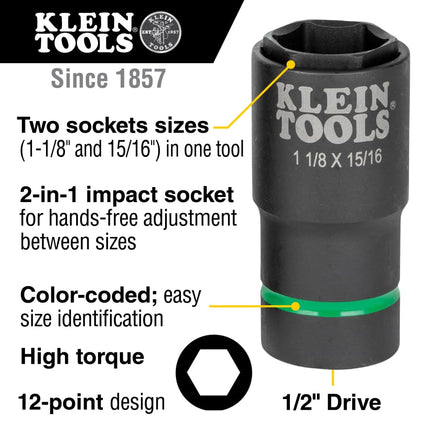 Klein Tools 66066 2-in-1 Deep Impact Socket, 6-Point 1-1/8-Inch and 15/16-Inch hex Socket Sizes, Use with Impact Wrenches BAT20-CW, BAT20-CW