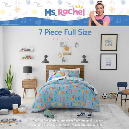 Franco Ms. Rachel Educational Adventures Dino Learning Kids Bedding Super Soft & Cozy Reversible Microfiber Comforter and Sheet Set, 7 Piece Full Size, (Officially Licensed Product)