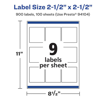Avery Matte White Removable Square Labels with Sure Feed Technology, 2.5" x 2.5", 900 Removable Labels, Laser/Inkjet Printable Labels