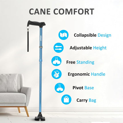 REHAND Walking Stick for Men & Women - Foldable, Adjustable, Lightweight, Self Standing Pivot Walking Stick, Soft Handle Grip, with Travel Bag, Walking Sticks for Seniors & Adults (Blue)