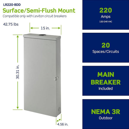 Tableau de distribution extérieur Leviton 20 modules avec disjoncteur principal 200 A, LR220-BDD