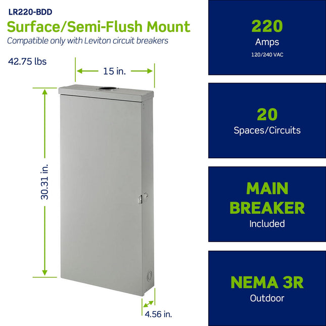 Leviton 20 Space Outdoor Load Center with 200A Main Circuit Breaker, LR220-BDD