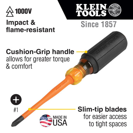 Klein Tools 6956INS Insulated Screwdriver, 1000V Slim Profile Tip, #1 Phillips with 6-Inch Shank, Cushion-Grip Handle