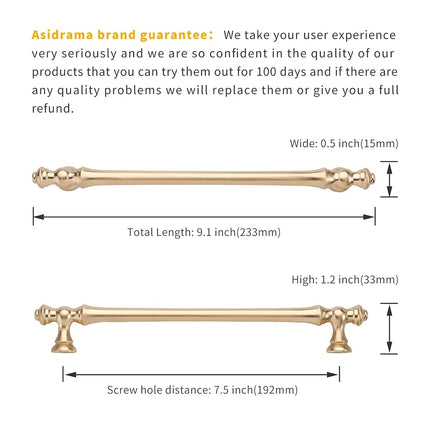 Asidrama 10 Pack 7.5 Inch(192mm) Brushed Brass Kitchen Cabinet Handles, Gold Cabinet Pulls Kitchen Cabinet Hardware for Cupboard Drawer Handles Dresser Pulls, A0018