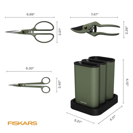 Fiskars Indoor Plant Cutting Set with Storage Precision Garden Tools Caddy, Snips, Shears and Pruner, Set of 3, Green