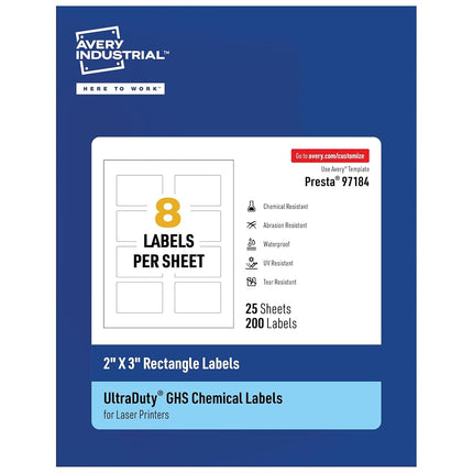 Avery UltraDuty GHS Labels, Waterproof, 2 X 3 Inch Rectangle Printable Labels, Pack of 200 White Labels for Use with Laser Printers
