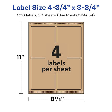 Avery Kraft Brown Rectangle Labels with Sure Feed, 4.75" x 3.75", 200 Kraft Brown Labels, Print-to-The-Edge, Laser/Inkjet Printable Labels