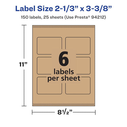 Avery Kraft Brown Rectangle Labels with Sure Feed, 2-1/3" x 3-3/8", 150 Kraft Brown Labels, Print-to-The-Edge, Laser/Inkjet Printable Labels