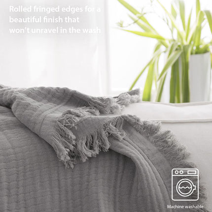Manta de muselina de algodón sencilla y opulenta para cama y sofá, manta de gasa tejida con borlas, suave, ligera, acogedora, prelavada, transpirable, decoración de casa de campo (gris)