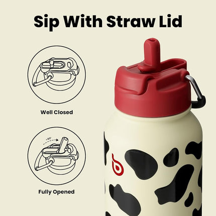BOTTLE BOTTLE 32 oz Insulated Water Bottle Stainless Steel Sport Water Bottle with Straw Dual-use Lid Design for Gym with Pill Box (cow)