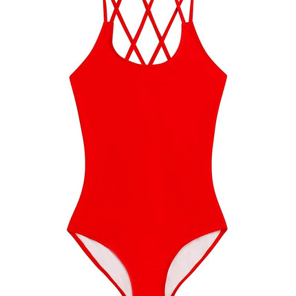 Traje de baño de una pieza con tirantes cruzados y protección UPF 50 Reese para niñas de Kanu Surf, rojo sólido, talla 8