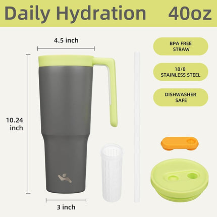 Konokyo Insulated Tumbler with Handle and Straw,40 OZ Vacuum Stainless Steel Water Bottle Travel Mug Metal Cup with Fruit Diffuser,Grey