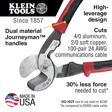 Journeyman High-Leverage Wire Cable Cutter and Stripper for Cutting Aluminum, Soft Copper and Communications Cable Klein Tools J63225N