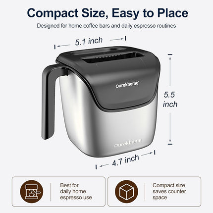 Ourokhome Espresso Knock Box with Lid, Compact Coffee Grounds Container for Home Coffee Bar, Removable Knock Bar, 304 Stainless Steel Exterior, Non-Slip Base & Handle, Easy Clean