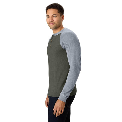Hanes Men's T-Shirts, Men's BeefyT Henley Shirts, Men's Cotton Long Sleeve Shirts, Camouflage Green/Oxford Gray, XL