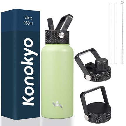 Konokyo Insulated Water Bottle with Straw,32oz 3 Lids Metal Bottles Stainless Steel Water Flask,Macaron Green