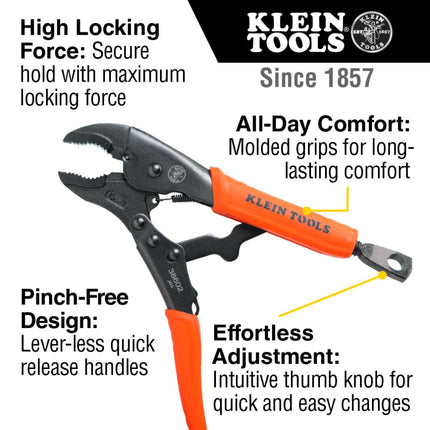 Klein Tools 38664 Locking Pliers Set, C-Clamp 6-Inch, Long Nose 6-Inch, Curved Jaw 10-Inch, High Torque, Molded Grips for Clamping and Gripping 3-Piece