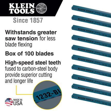 Klein Tools 1232BI Hacksaw Blades, Bi-Metal Replacement Blades 32 TPI, 12-Inch, 100-Pack