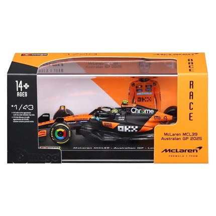 Bburago McLaren F1 MCL39 2025#4 Norris Diecast Model Car 1:43 with Display Case and Base Detailed F1 McLaren Replica Officially Licensed, Recommended Age 14+ Years