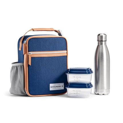 Fit & Fresh Foundry Insulated Lunch Bag for Men/Women/Kids with Bottle and Containers Included, Reusable Lunch Box for School, Work, Blue