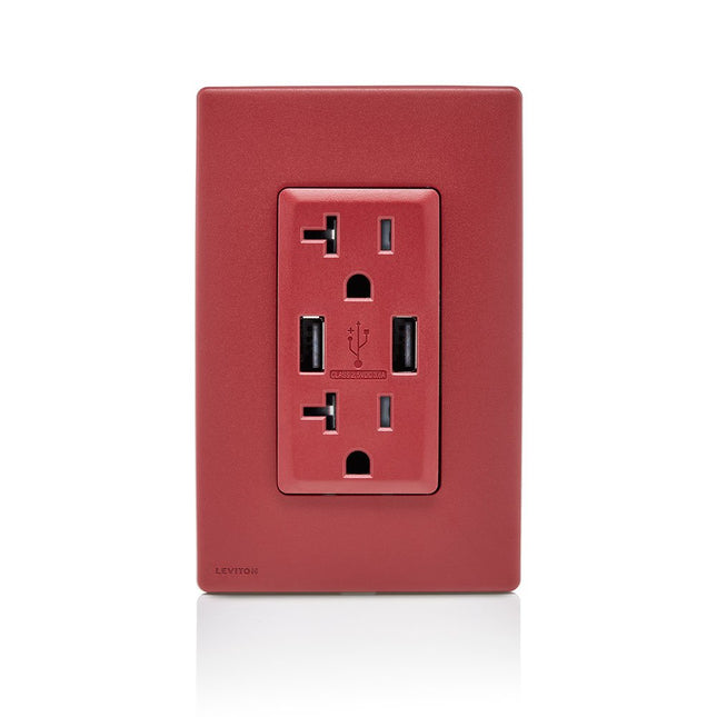 Leviton RUAA2-RE Renu Tomacorriente Dúplex a Prueba de Manipulaciones y Cargador USB, 20A-125VAC, Rojo Delicioso