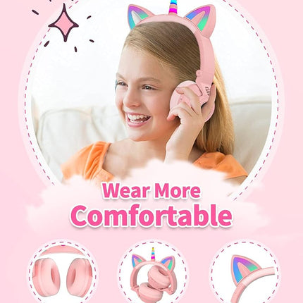 Unicorn Kids Headphones,Unicorn Bluetooth Headphones Foldable for Girls Boys Toddlers Phones pad/Amazon fire/Tablet,Light Up Kids Wireless Headphone Birthday Gifts (Pink)