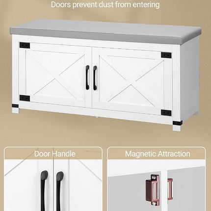 Hzuaneri Shoe Storage Bench, Soft Padded Seat Cushion & 2 Barn Doors White