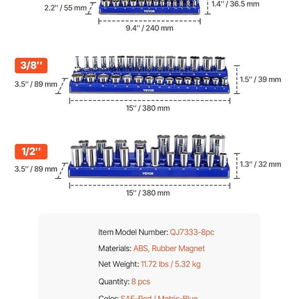 VEVOR Magnetic Socket Organizer Set, 8PCS Socket Holder, 1/4'', 3/8'' & 1/2'' Metric SAE Socket Trays with Clear Labels, Hold up to 199PCS Standard & Deep Sockets, Blaue & Red (Sockets Not Included)