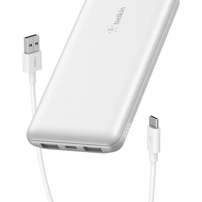 Belkin Portable Charger, USB-C Power Bank 10000 mAh w/ 1xUSB-C Port & 2xUSB-A Ports, 15W w/Type-C to Type-A Cable for iPhone 17, Samsung Galaxy S25, Nintendo Switch 2, Google Pixel 10, etc. - White