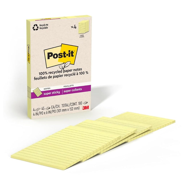 Post-it 100% Recycled Paper Super Sticky Notes, 2X The Sticking Power, 4x6 in, Lined, 4 Pads/Pack, 45 Sheets/Pad, Canary Yellow(4621R-4SSCY)