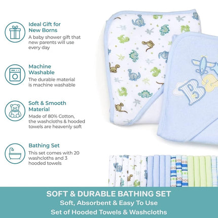 Spasilk Bath Hooded Towels & Washcloths Set for Babies, 23-Piece Gift Set, Blue