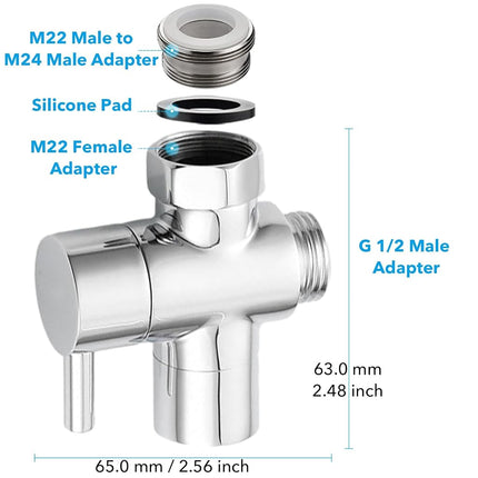 Roscid 3 Way Shower Diverter Valve, Solid Brass, Sink Faucet Splitter for Kitchen or Bathroom, with M22-M24, M22-G1/2 Adaptor, Sliver