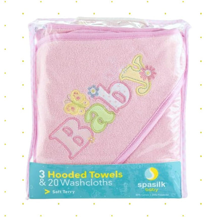 Spasilk Bath Hooded Towels & Washcloths Set for Babies, 23-Piece Gift Set, Pink