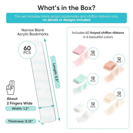 YOPPIX 60 Pieces Acrylic Bookmark Blanks- 3mm Thicken Clear Acrylic Bookmarks with 60 Pcs Ribbon for Reading Lovers DIY Crafts Presents, Graduation Back to School Presents