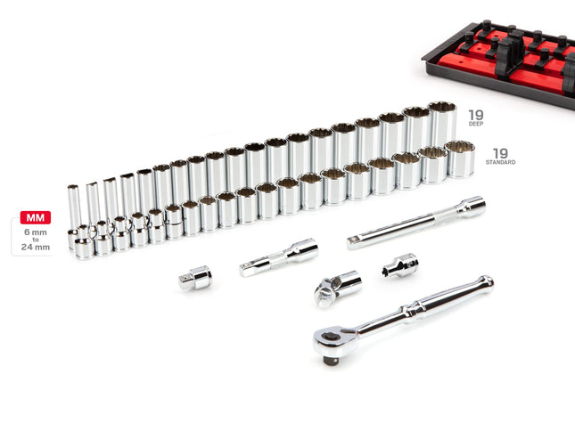 TEKTON 3/8 Inch Drive 12-Point Socket and Ratchet Set with Rails and Tray, 44-Piece (6-24 mm) | SKT13202