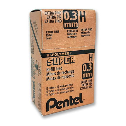 Pentel Super Hi-Polymer Refill Lead, 0.3mm Lead, Grade H, 1 Pack of 12 tubes, (12 leads per tube)