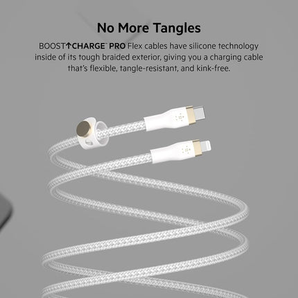 Belkin BoostCharge Pro Flex Braided USB Type C to Lightning Cable (2M/6.6ft), MFi Certified 20W Fast Charging PD Power Delivery for iPhone 14/14 Plus, 13, 12, Pro, Max, Mini, SE, iPad and More - White