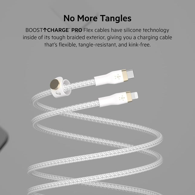 Belkin BoostCharge Pro Flex Braided USB Type C to Lightning Cable (2M/6.6ft), MFi Certified 20W Fast Charging PD Power Delivery for iPhone 14/14 Plus, 13, 12, Pro, Max, Mini, SE, iPad and More - White