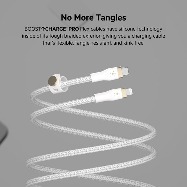 Belkin BoostCharge Pro Flex Braided USB Type C to Lightning Cable (2M/6.6ft), MFi Certified 20W Fast Charging PD Power Delivery for iPhone 14/14 Plus, 13, 12, Pro, Max, Mini, SE, iPad and More - White