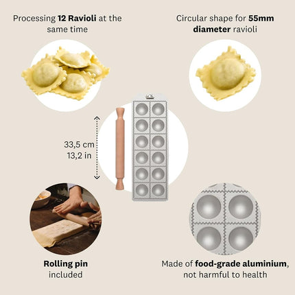 Marcato Ravioli Maker Press - 50 mm Round Cut Machine With Ample Filling Space, Wooden Rolling Pin Included, Made in Italy
