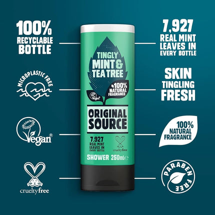 Original Source Mint and Tea Tree Shower Gel, 100 Percent Natural Fragrance, Vegan, Cruelty Free, Paraben Free, Bulk Buy, Pack of 6 x 250 ml
