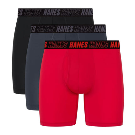 Hanes Men's Moves Performance Boxer Brief, Total Support Pouch, Trunk, and Long Leg, 3-Pack, Red/Grey/Black-Regular-3 Pack, XXL (Pack of 3)