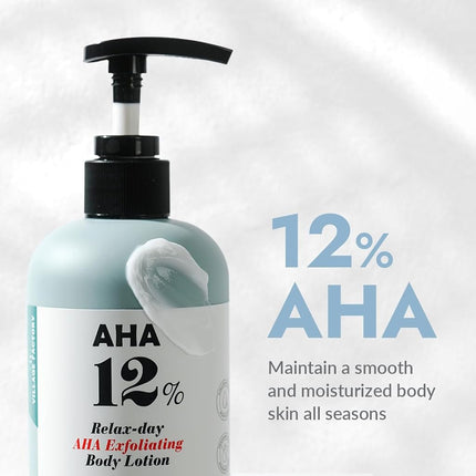 V11FACTORY AHA 12% Glycolic Acid Body Lotion – Korean Exfoliating & Hydrating Body Cream with Hyaluronic Acid & Collagen – Unscented, Paraben-Free Skin Smoothing Moisturizer, 10.6 oz