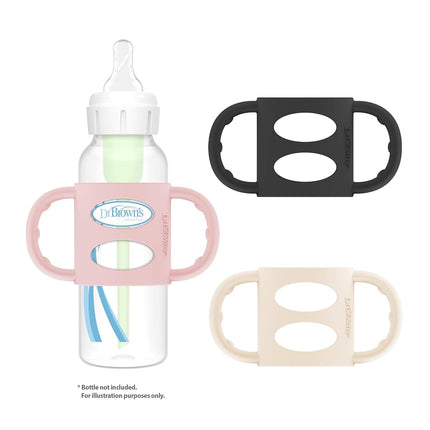 Asas de biberón estrechas de Dr. Brown's, 100 % silicona, asas extraíbles de fácil agarre para la transición del biberón al vasito, negro/crudo/rosa, paquete de 3, 4m+