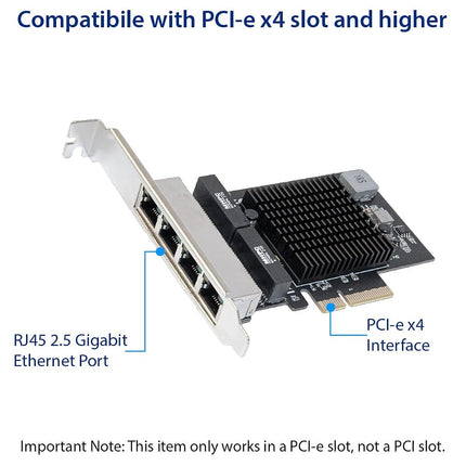 IO CREST Quad 2.5 Gigabit Ethernet PCI Express PCI-E Network Interface Card 10/100/1000/25000 Mbps RJ45 LAN Realtek RTL8125 Chipset, Black (SI-PEX24077)